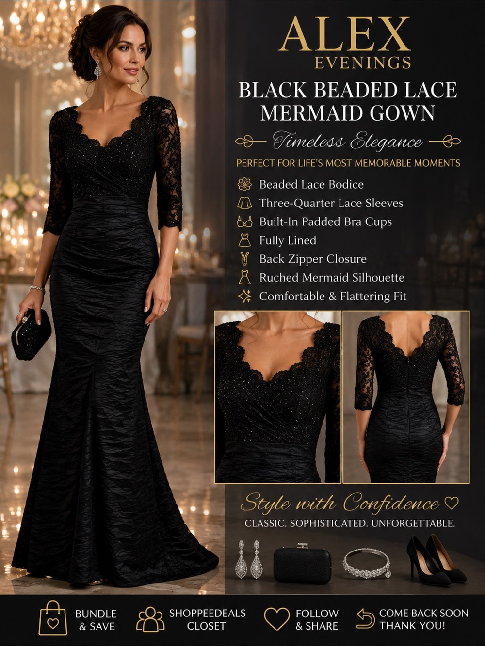 Alex Evenings Black Beaded Lace Mermaid Evening Gown – Women’s Size 6